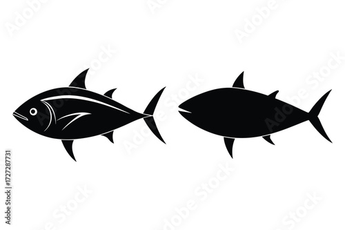Two Black Silhouette Tuna Fish Icons on White Background seafood