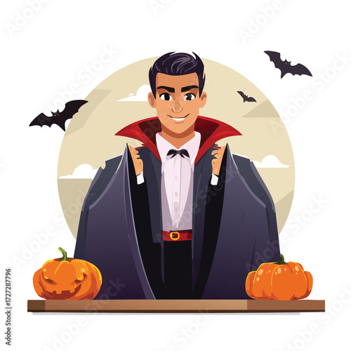 Smiling Vampire in Halloween Scene: A dashing vampire, clad in a traditional cloak and high collar, stands against a whimsical backdrop adorned with bats, carved pumpkins, and a luminous moon.