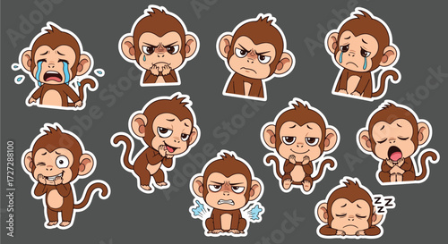 Adobe illustrator artwork vector illustration of a playful monkey character in various cute poses and expressions, ideal for stickers, children's products, and fun designs