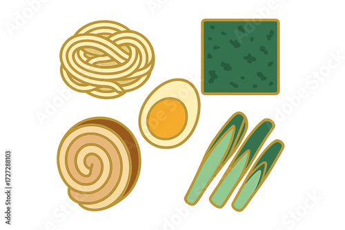 Bowls of ramen ingredients including noodles, egg, pork, seaweed, and scallions on a white background