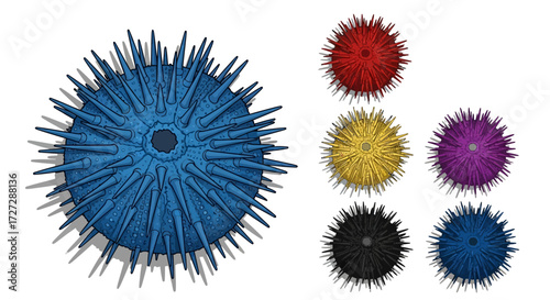 Illustration of a large blue spiky sphere alongside smaller spheres in red, yellow, purple, black, and blue against a white background.