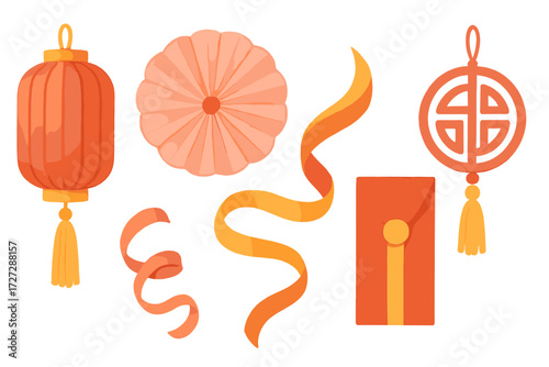 Colorful celebration decorations featuring lanterns, ribbons, and envelopes for festive occasions in autumn