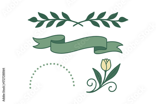 Decorative elements featuring leaves, ribbon, and tulip for design projects