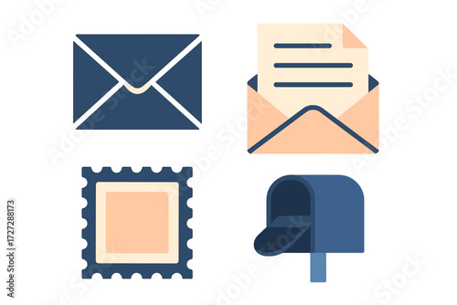Illustration of letters, envelopes, postage stamp, and mailbox in a modern digital style