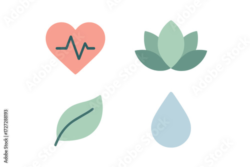 Wellness icons representing health, nature, and tranquility in soothing colors for a calming atmosphere
