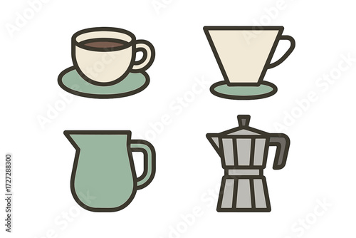 Different coffee brewing tools and cups showcasing diverse ways to enjoy coffee at home or in cafes