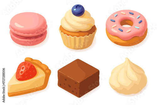 Colorful assortment of assorted desserts and sweets displayed on a white background