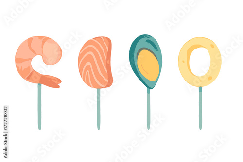 Colorful assortment of seafood lollipops featuring shrimp, salmon, avocado, and lemon slice on sticks