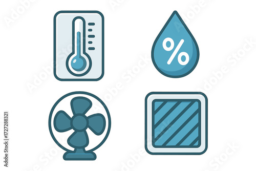 Temperature gauge, humidity icon, fan symbol, and filter graphic designs for home climate control applications