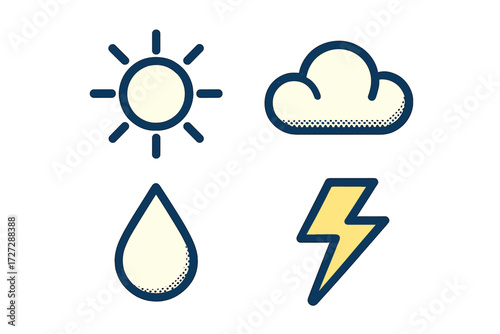 Weather symbols showing sun, cloud, raindrop, and lightning in a simple illustrative style