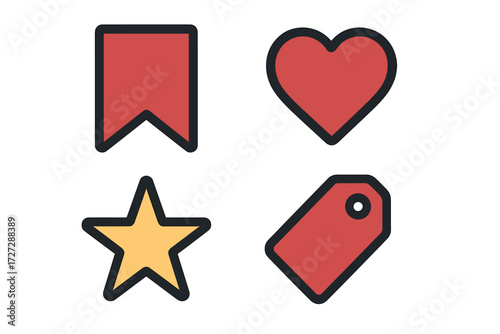 Colorful icons representing bookmarking, love, acclaim, and tagging for digital content