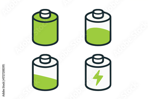 Different stages of battery charge displayed in a simple and clear design for educational purposes and technology usage