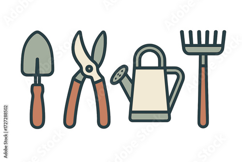 Gardening tools including a trowel, pruning shears, watering can, and rake arranged neatly for outdoor planting