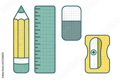 Colorful school supplies including a pencil, ruler, eraser, and sharpener on a checkered background