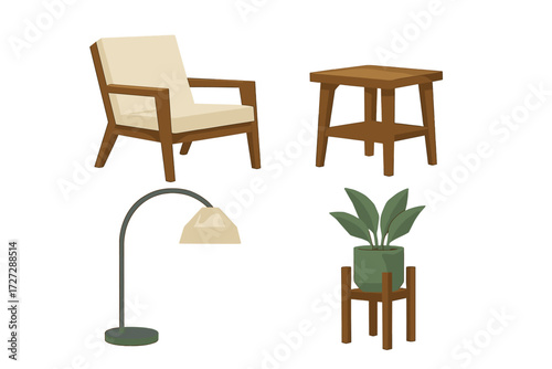Cozy living room furniture set featuring a chair, lamp, side table, and plant in a modern design suitable for various interiors