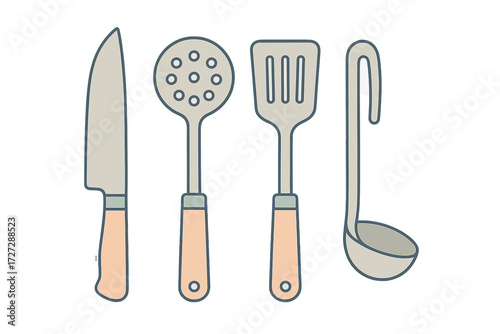 Kitchen utensils arranged neatly including a knife, slotted spoon, spatula, and ladle in a simple design