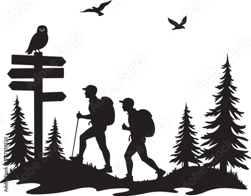 Two hikers with backpacks and poles walking past a signpost with an owl