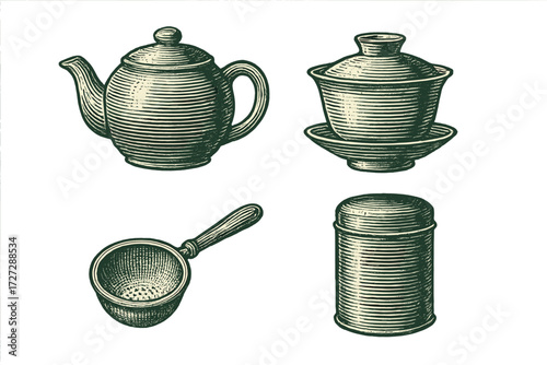 Vintage kitchenware with a teapot, sugar bowl, strainer, and storage canister arranged on a white background