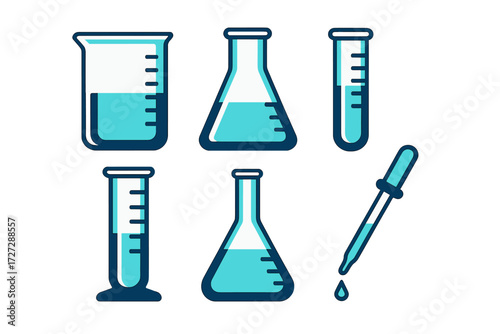 Collection of laboratory glassware including beakers, flasks, and pipette used in scientific experiments
