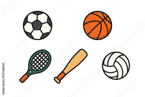 Different types of sports balls and equipment shown together in a simple layout for educational purposes