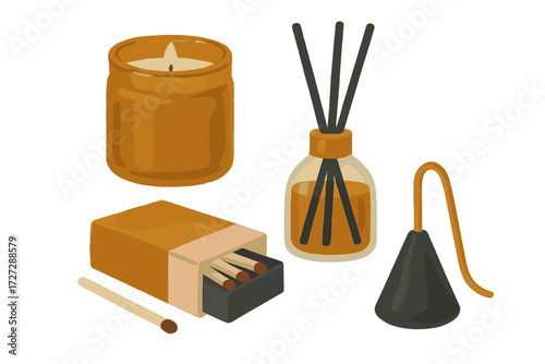 Decorative home accessories including a candle, matches, and a diffuser on a simple background