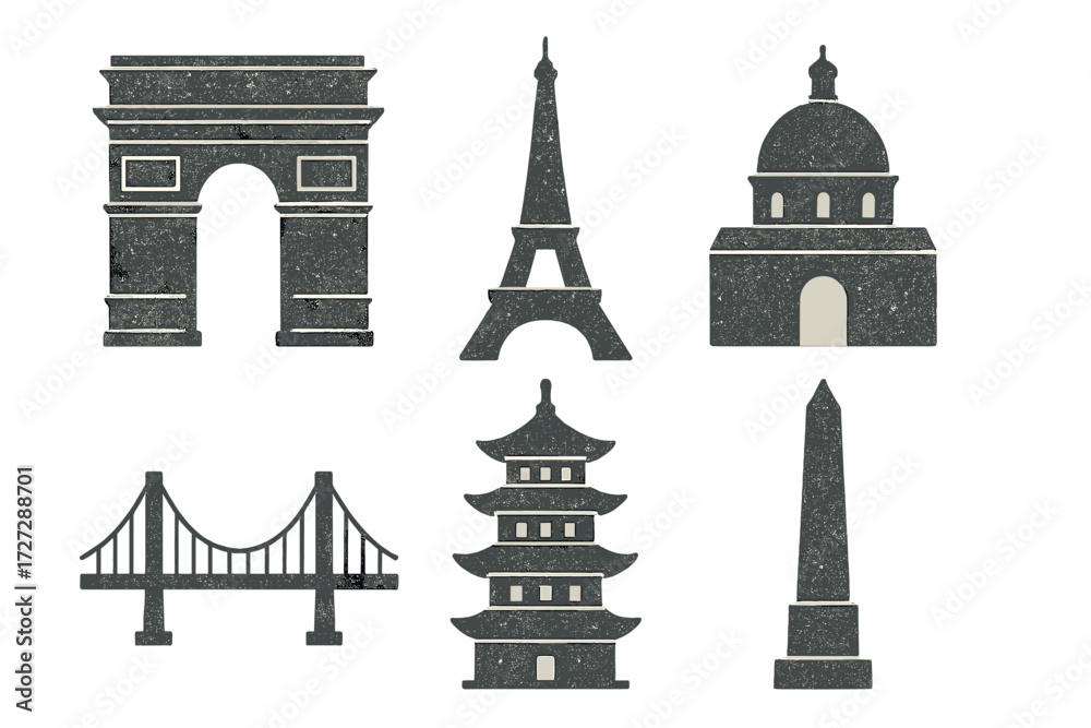 Obraz premium Iconic landmarks represented in simple black and white graphic design creating a unique travel theme