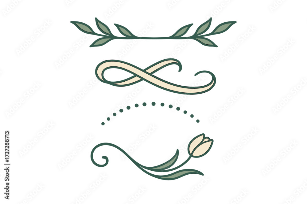 Fototapeta premium Decorative elements featuring plants, curves, and floral designs suitable for various creative projects