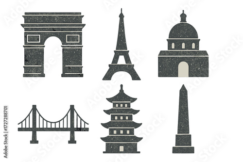 Iconic landmarks represented in simple black and white graphic design creating a unique travel theme