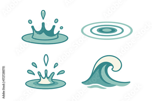 Colorful water splash and wave illustrations depicting different aquatic movements and effects in a simple, modern design