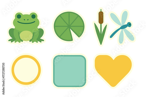Colorful frog and nature-themed stickers featuring a lily pad, dragonfly, and geometric shapes