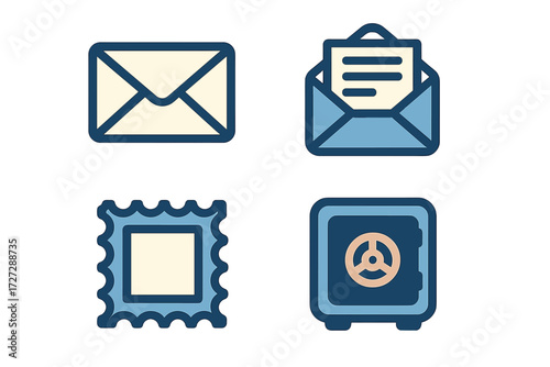 Various postal icons representing mail, letters, and a safe for secure storage