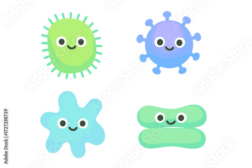 Colorful cartoon microbes with smiling faces in different shapes and sizes create a cheerful atmosphere in a playful design