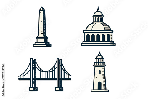 Collection of iconic landmarks featuring an obelisk, dome building, bridge, and lighthouse in simple line art style