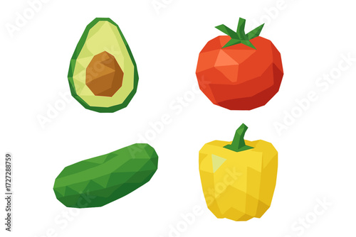 Colorful polygonal fruits and vegetables arranged in a creative layout on a white background