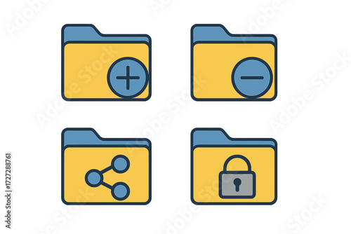 Icon set depicting folder management tools for organizing files and data securely and easily