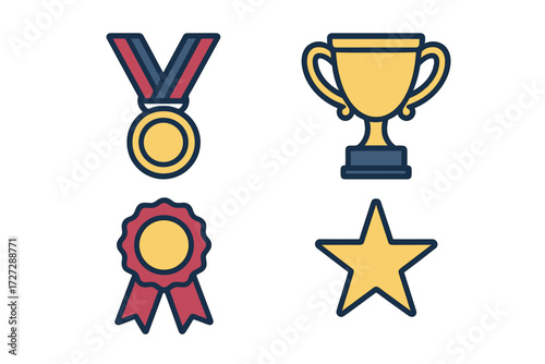 Gold medal, trophy, ribbon, and star representing awards and achievements in a competition setting