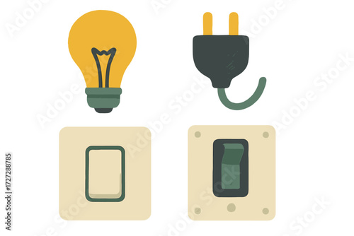 Light bulb and electrical components illustrated in a simple design showcasing functionality in daily life