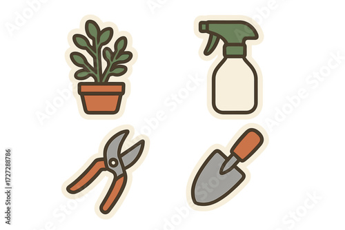 Variety of gardening tools including a plant pot, spray bottle, pruning shears, and trowel for home gardening activities