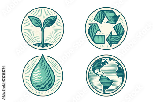 Symbols of sustainability with plants, recycling, water, and Earth icons promoting environmental awareness