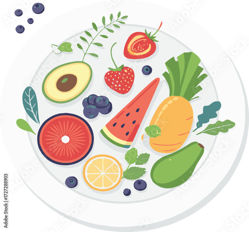 Fruits and vegetables illustration set with healthy fresh food icons