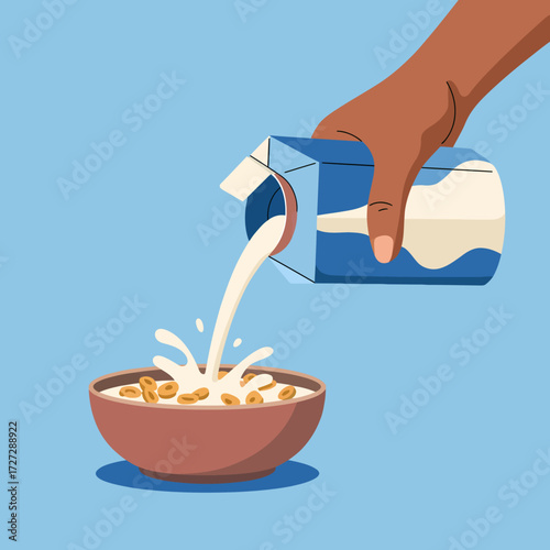 Cartoon Illustration of Milk Pouring into Cereal Bowl with Dark Skinned Hand Holding Carton on Blue Background