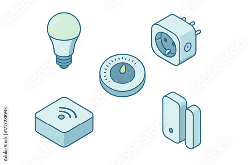 Smart home devices including a light bulb, timer, plug, and sensors in various designs and colors for modern living