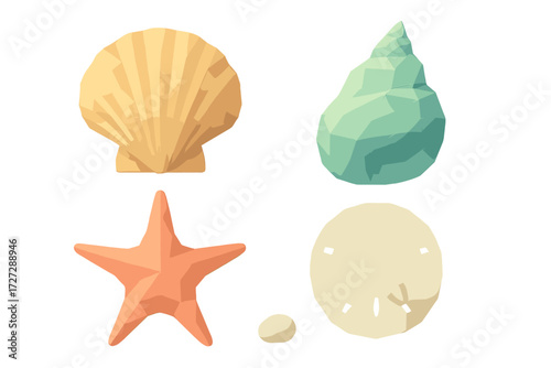 Colorful collection of sea shells and starfish displayed in a geometric style for coastal decor inspiration