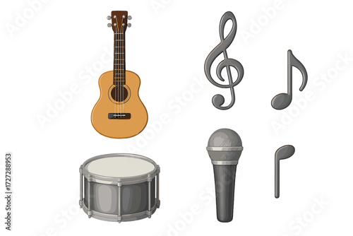 Musical instruments including a guitar, microphone, drum, and musical notes represent various sounds and tunes