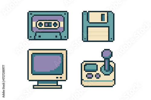 Retro technology items including cassette tape, floppy disk, computer monitor, and joystick in pixel art style