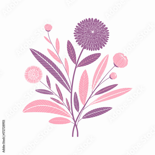 Elegant floral bouquet illustration in pink and purple hues for graphic design projects and creative designs with botanical elements on white background