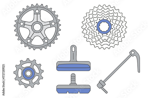Bicycle gears and components displayed in a schematic style for repair and maintenance