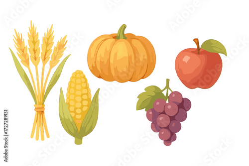 Colorful harvest collection featuring wheat, pumpkin, apple, corn, and grapes in a simple design
