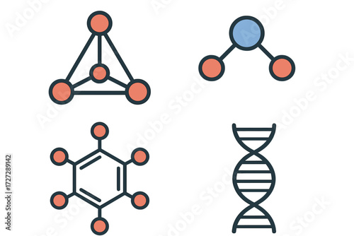 Visual representation of molecular structures and biological concepts including DNA and chemical bonds