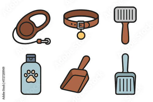 Essential dog care supplies for pet owners including leash, collar, and grooming tools